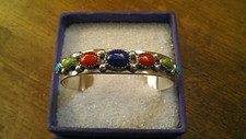 Southwestern Sterling Silver Multi Color Precious Stone Cuff Bracelet 26 Grams