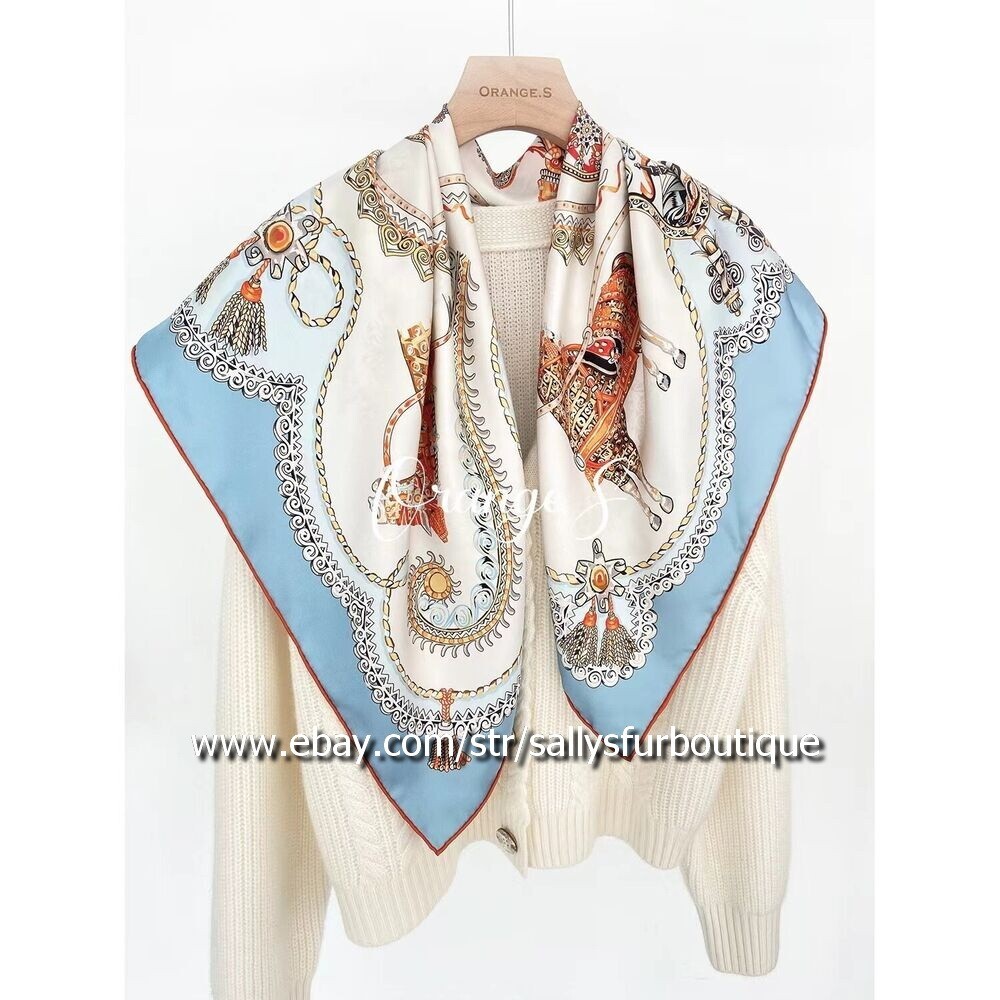 Sally Twill Silk 18 Momme Wrap Scarf Carriage Print Double Face Square Shawl 35"