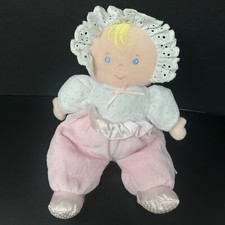 Vintage Eden Terry Cloth Pink Bonnet Doll Blonde Crinkle Rattle Plush Baby Lovey
