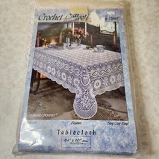 Crochet Collection Vynet 64" x 90" Oblong Vinyl Tablecloth White Floral Lace L6
