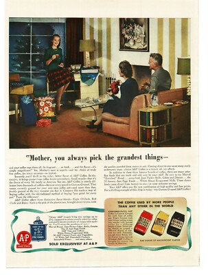 1941 A&P Coffee family enjoying cup at Christmas 40s home decor Vintage Print Ad