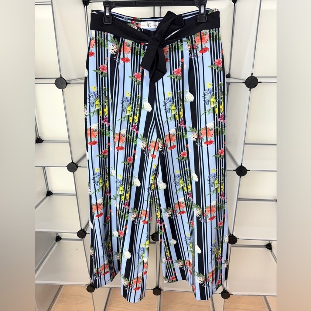 Lena Gabrielle Women's Blue Floral Wide-Leg Belted Palazzo Pants Size 10