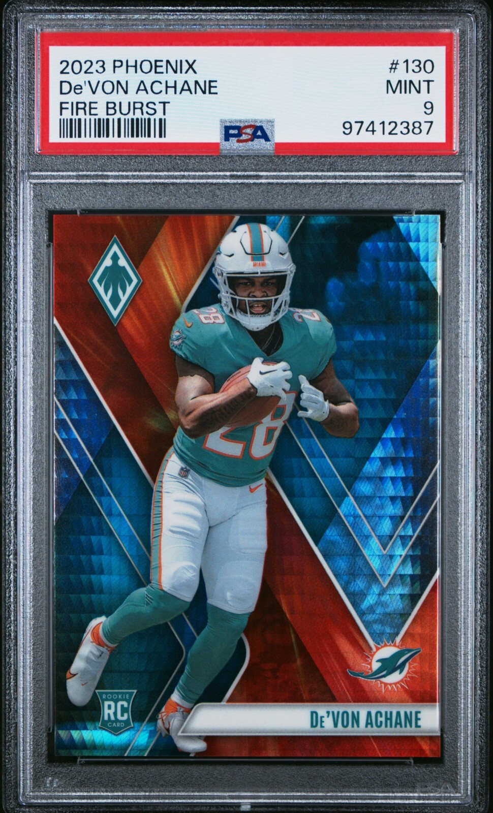 2023 Panini Phoenix Fire Burst #130 De'Von Achane Dolphins PSA 9 NFL RC 058/340