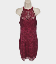 GUESS Women's Cocktail Lace Halter Keyhole Knee Length Dress Sz M Burgundy