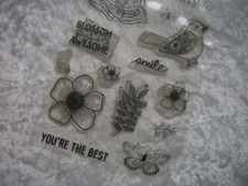 8 clear ink stamps bird, flowers, phrases. used