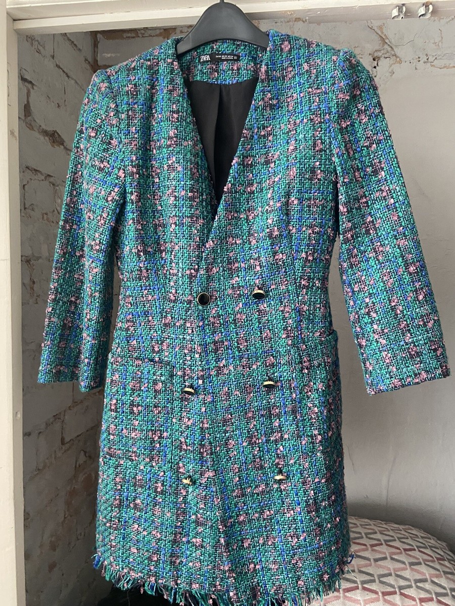 ZARA Blue Green boucle/tweed Blazer Dress XS Xmas Festive Fashion