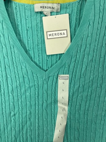 Merona Womens Large Tops Green Cable Knit V Neck NWT Shirt Cap Sleeve Cotton - Picture 9 of 9