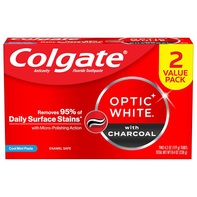 Colgate Optic White Charcoal Whitening Toothpaste, Cool Mint, Enamel-Safe with F