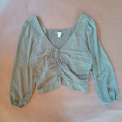 H&M Crop Top Womens XL Green Floral Long Sleeve Boho Cottagecore Aesthetic