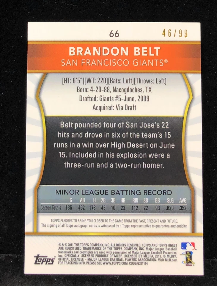2011 Topps Finest - Brandon Belt #66 Orange Refractor Rookie RC Auto #46/99 - Image 2 of 2