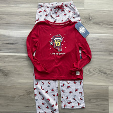 Life Is Good 2-Piece Set Santa Dog Cotton Striped Christmas Pajamas Lounge Sz 8