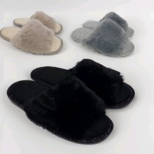 Ladies Women Fluffy Open Toe Faux Fur Mule Slippers Cushioned Slidders Shoe Size