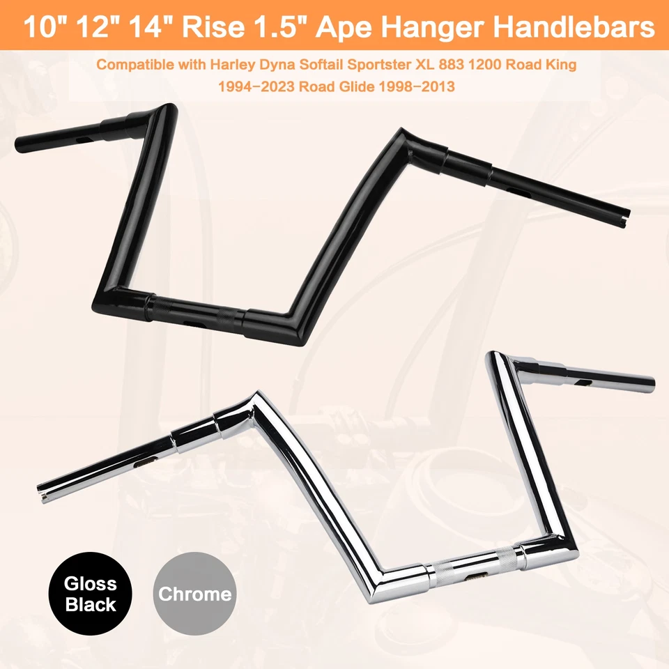 10" 12" 14" Rise Ape Hanger Handlebar For Harley Dyna Softail Sportster 883 1200 - Image 2 of 4