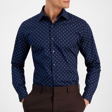 Alfani Mens Slim Fit 4 Way Stretch Medallion Dress Shirt Navy Green Size L NWT