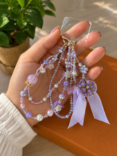 Elegant Lavender Floral Bow Bag Charm Keychain  Handmade Beaded Purse Charm