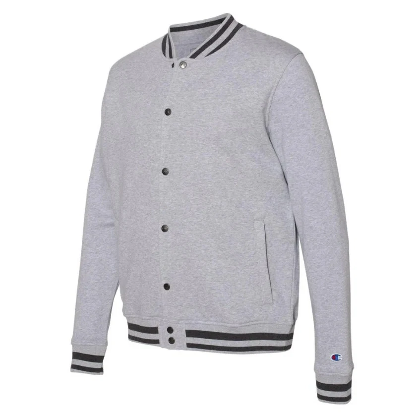 New Champion Mens Lt Gray Snap Up PolyCotton Athletic Wear Varsity Bomber Jacket image 3
