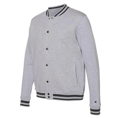 New Champion Mens Lt Gray Snap Up PolyCotton Athletic Wear Varsity Bomber Jacket image 3