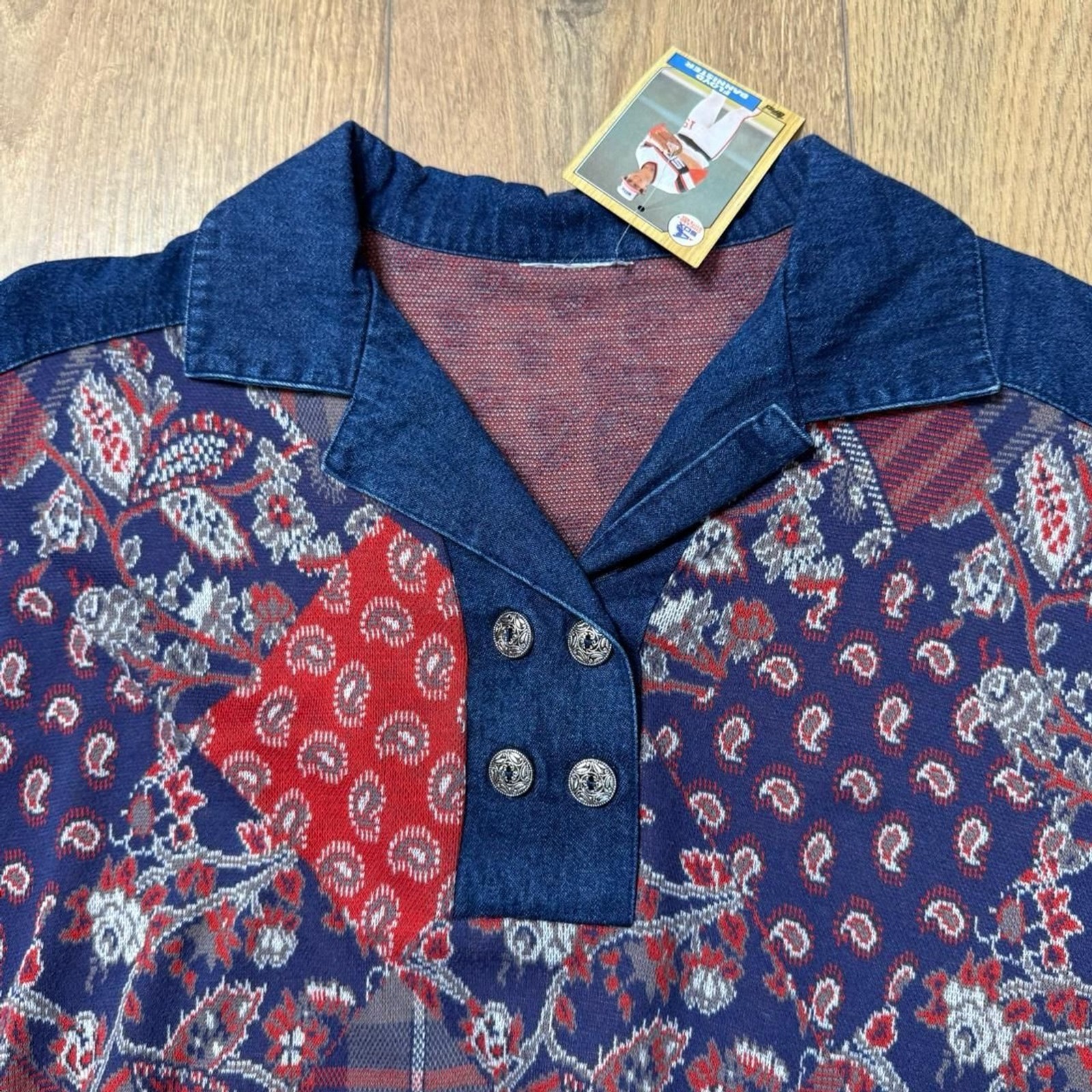 Soft denim shoulder button top with patch design - image 3