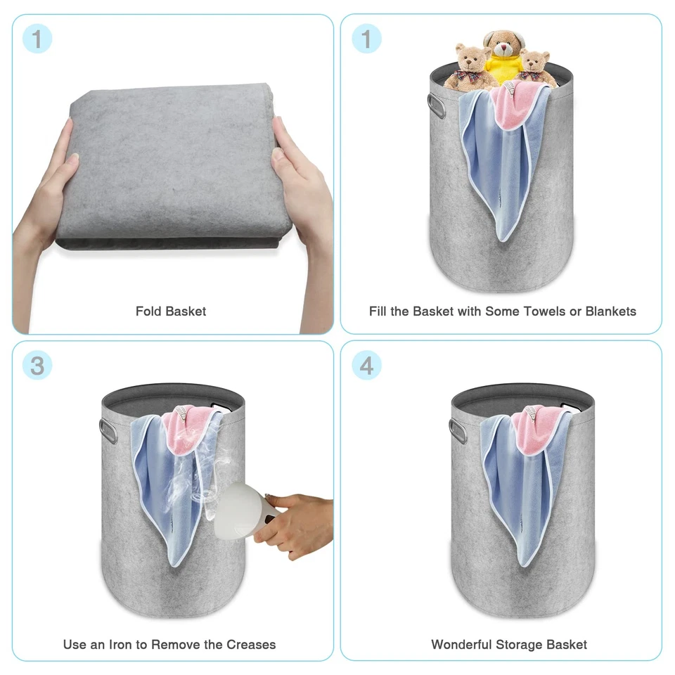 Wäschekorb Filz Wäschesammler Faltbar Waschekorbsammler Rund mit Griffen Aufb... - Bild 4 von 4