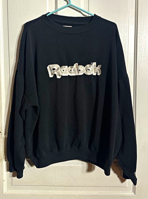 Vintage 90s Reebok Sport 3D Silver Thread Logo Black Sweatshirt Men Size L