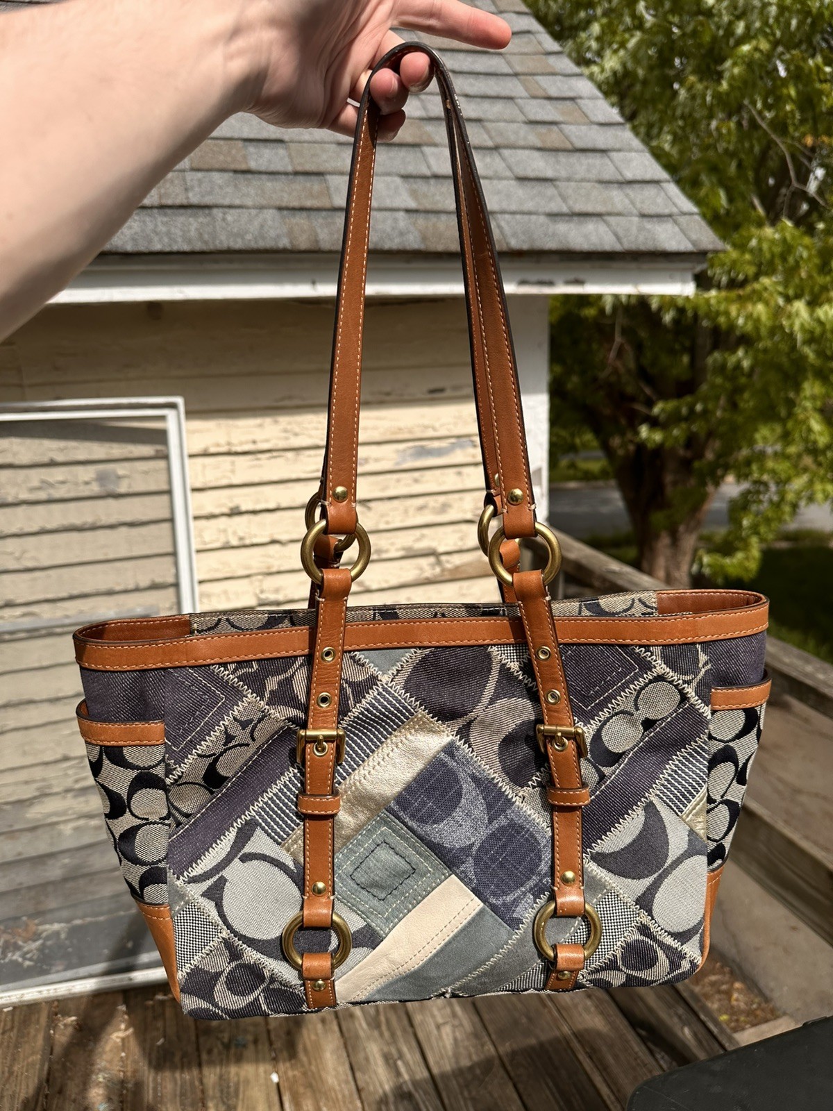 Y2K COACH Patchwork Denim Signature Tote  Shoulder Bag 12217 Canvas Blue Brown