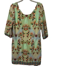 Pastel Boho Floral Abstract Mod Dress Womens M Hippie Whimsy 70s Inspired
