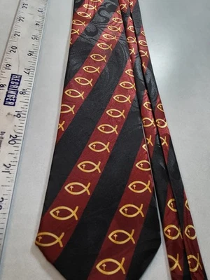 Steven Harris Men's Christian Necktie - Gold Ichthys Jesus Fish on Red &... - Image 1 of 4