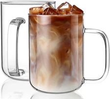 Glass Coffee Mugs, 20 oz Ice coffee cups, Large Clear Tea Cups Set of 2, Glass M