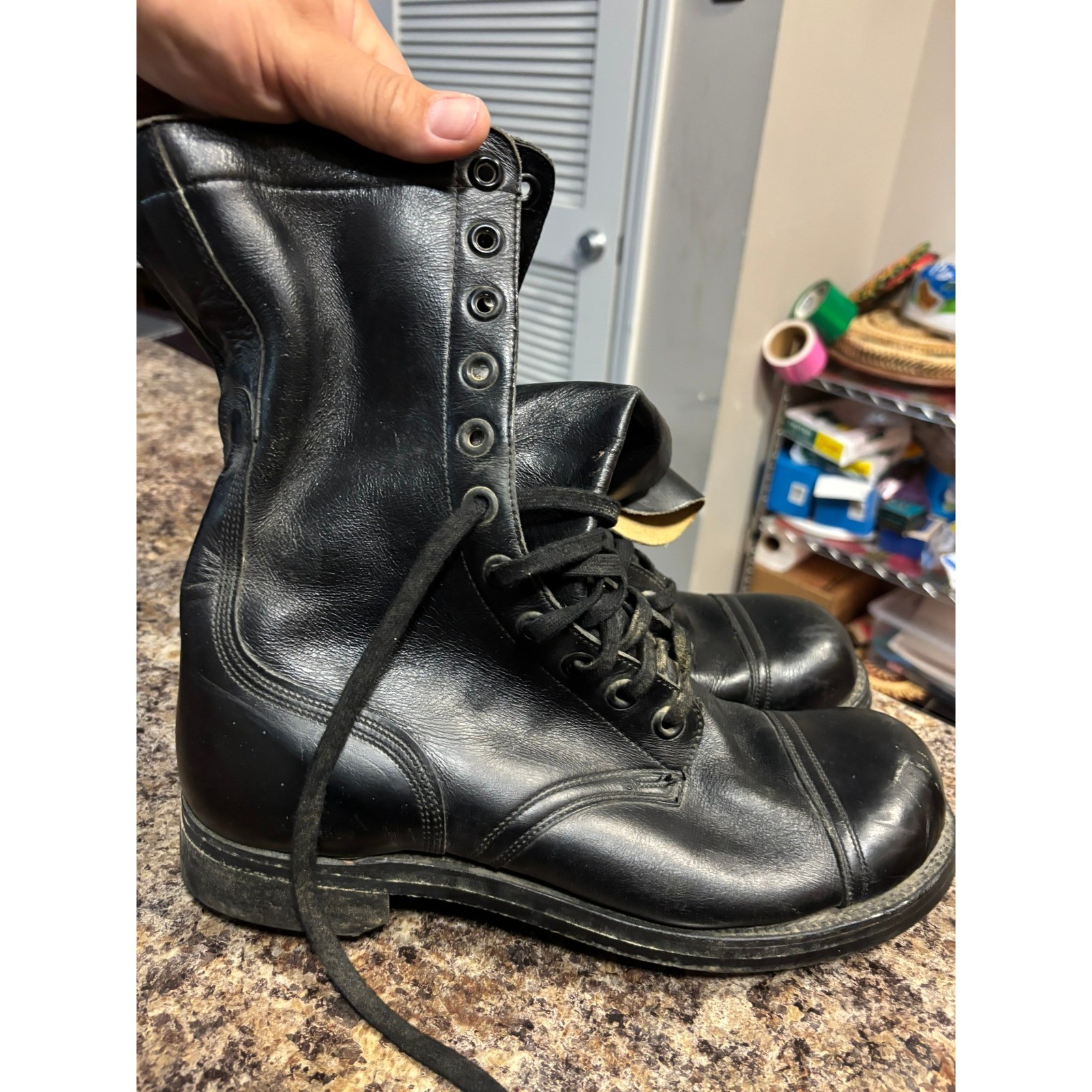 Vintage Black Leather Combat Boots Mens 10 R Cap Toe B.F. Goodrich Sole 10