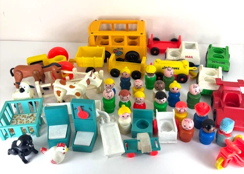 Lot Of Vintage Fisher Price Little People Cars Hospital Animals & Accessories
