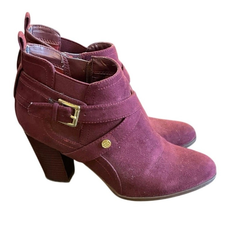 Tommy Hilfiger Burgundy Suede Ankle Boots Women’s 6M Block Heel Booties