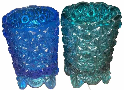 Lot Of 2 Blue & Teal Fenton Glass Candleholders Daisy & Button