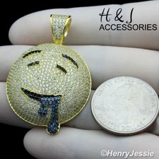 MEN 925 STERLING SILVER ICY CZ GOLD PLATED 3D DROOLING FACE CHARM PENDANT GP249