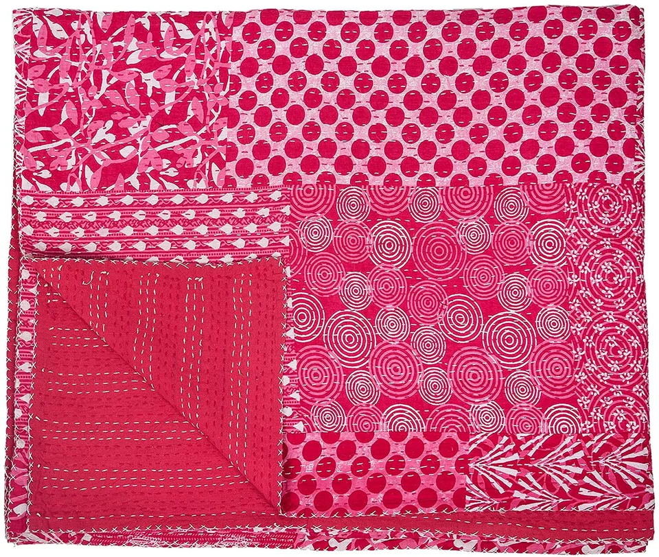 Colcha de retalhos floral rosa Kantha cobertor de cama feito à mão tamanho King - Imagem 4 de 4