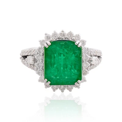 6.00 TCW Zambian Emerald Baguette H/SI Diamond Ring 10k White Gold Birthday Gift - Image 1 of 4