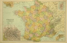 1912 Gro&szlig; Antik Landkarte Frankreich Paris Havre Riviera Korsika Vienne Mayenne