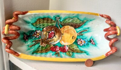 10'' Serving Dish Serpentine Handles Hand Painted Fruit & Floral Made in Italy