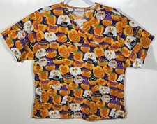 Halloween Scrub Top womens size S Small jackolanterns ghost mummy masks witches