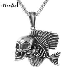 MENDEL Mens Stainless Steel Fish Bone Skeleton Biker Punk Skull Pendant Necklace