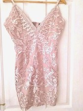 Pretty Little Thing Pink Embroidered Lace Plunge Fitted Bodcon Dress Uk 12