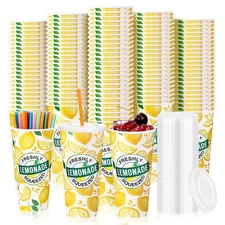 300 Pieces/100 Sets Lemonade Cups with Lids and Straws Disposable Cups for Party