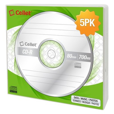 Cellet CD-R 5-Pack   700MB 80-Minute Blank Discs, 52X Speed for Data, white 