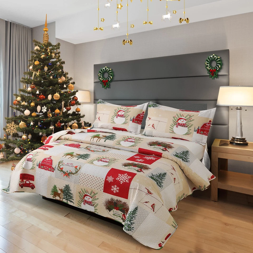 Christmas Quilt Set King Size 3-Piece Xmas Bedspread Reversible Coverlet Snow... - Image 3 of 4