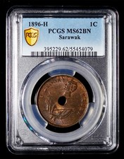 PCGS MS62 1896 H Sarawak Rajah Charles Brooke 1 Cent Heaton Mint - Rare!
