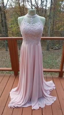 DANCING QUEEN Rose Pink Chiffon Beaded Formal Holiday Party Prom Dress size L