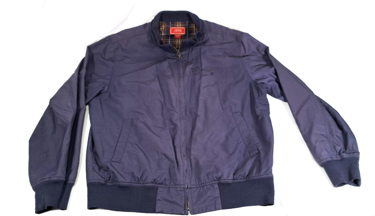 IZOD Luxury Sport Mens Navy Blue Harrington Jacket Plaid Lined Cotton Large