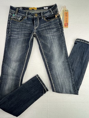 MEK Denim Women 24 Rhodes Skinny Low Rise Blue Jeans Snap Flaps, Studs 28 X 34