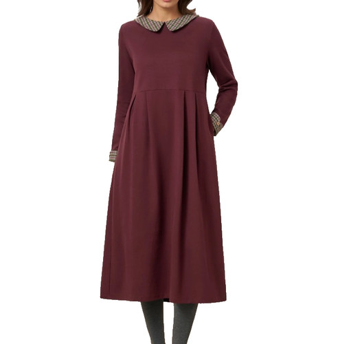 NWT Lintico Plaid Peter Pan Collar Cuff Midi Dress Burgundy Small Viscose Blend