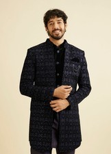 Manyavar Blue Sequined Indo Western Kurta Set for Men