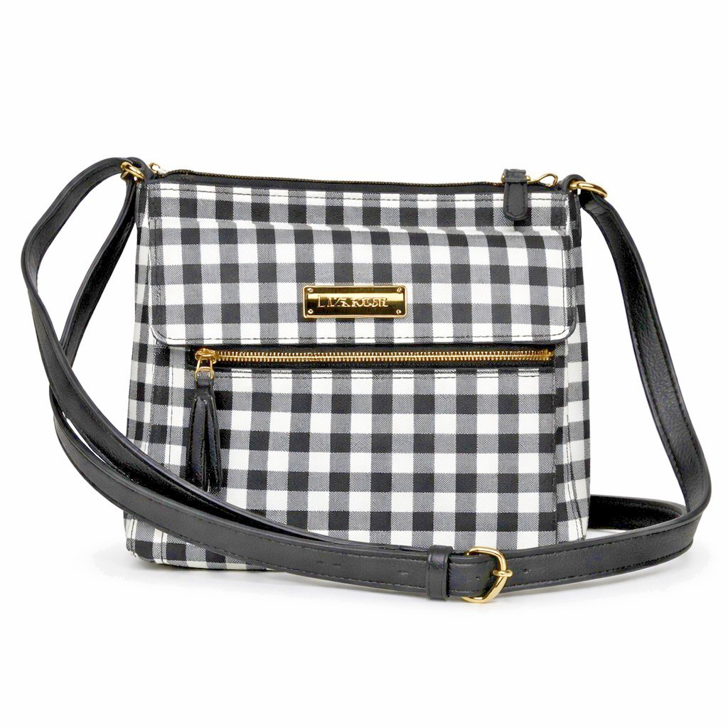 Liz Claiborne Gingham Crossbody Bag Black White Check Faux Leather Gold Hardware
